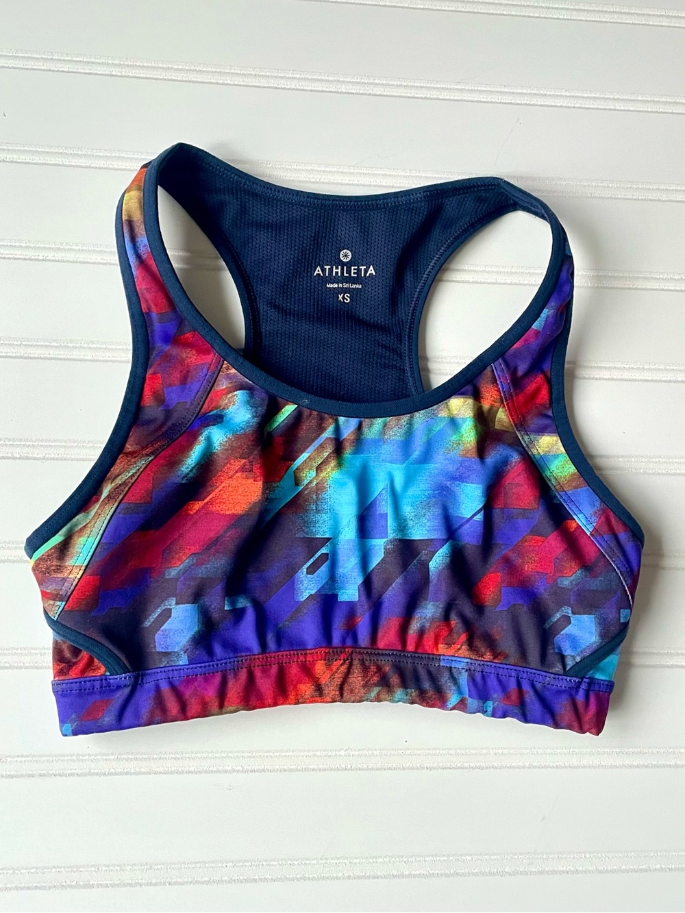 Athleta Double Dare Racerback Sports Bra Colorburst‎ Rainbow Sz XS Gym Run Sweat